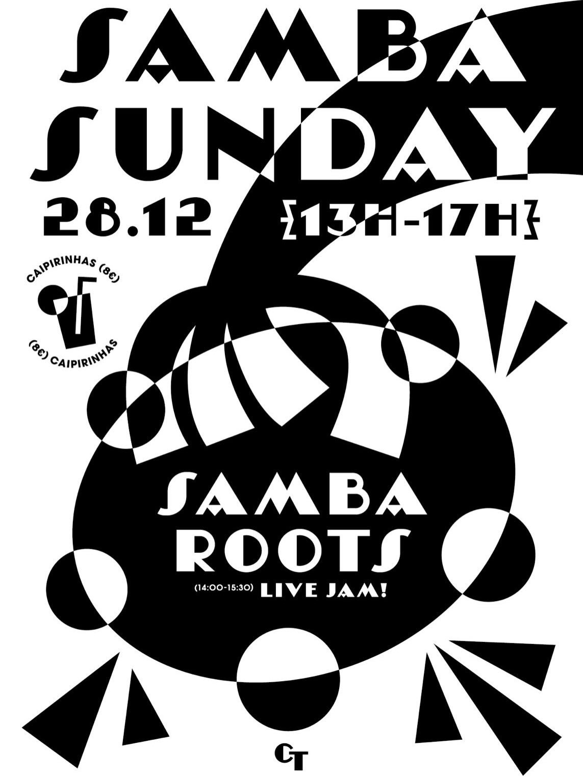 A black and white abstract poster featuring text about a samba event. It includes text such as 'Samba Sunday', '28.12', '13h-17h', and 'Samba Roots Live Jam!', with geometric shapes and patterns.