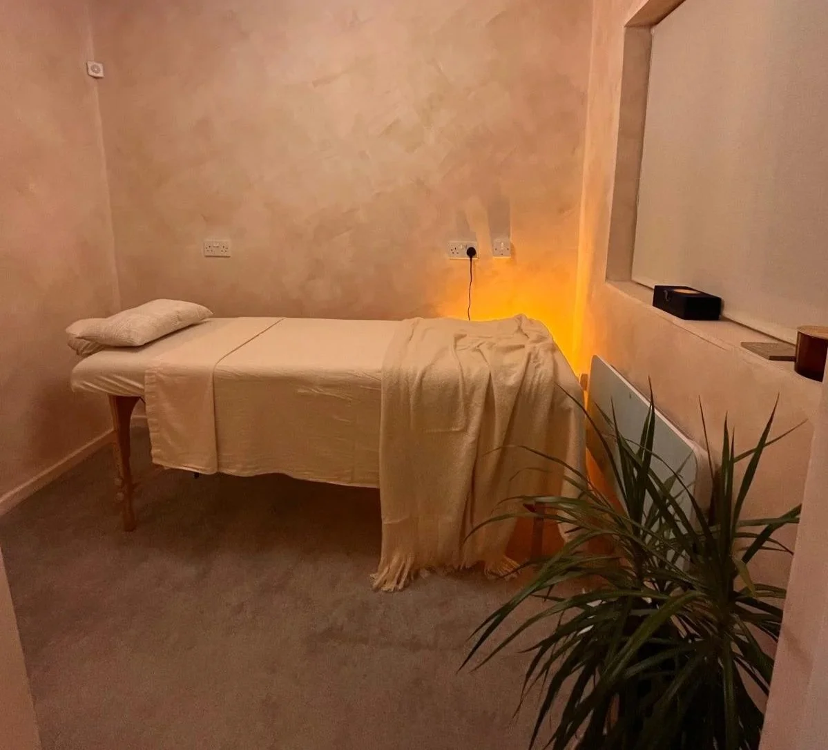 A massage table with a pillow and a blanket in a softly lit room, featuring a plant in the foreground and a window on the right.