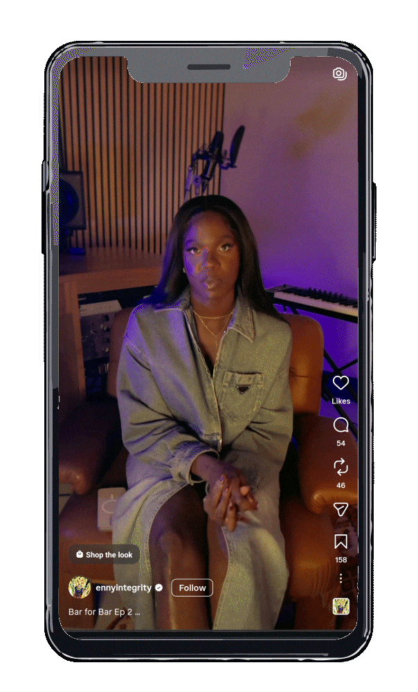 A smart phone recording of Enny listening to music featuring the Bar4Bar logo lockup.