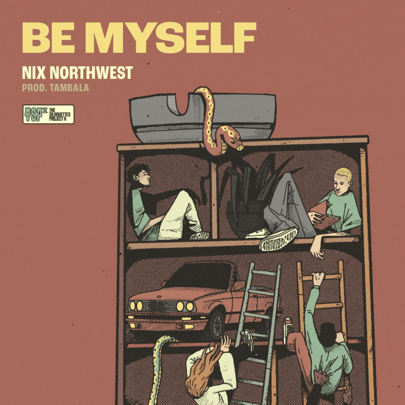 Figures hiding away and resting in a bookshelf. There is a car on the middle shelf with flashing lights. At the bottom of the shelf you see figures trying to climb up on a ladder.