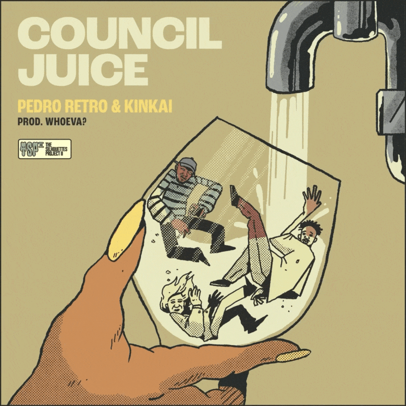 A large hand is holding a glass cup to a tap of water. There are three figures floating in the cup.