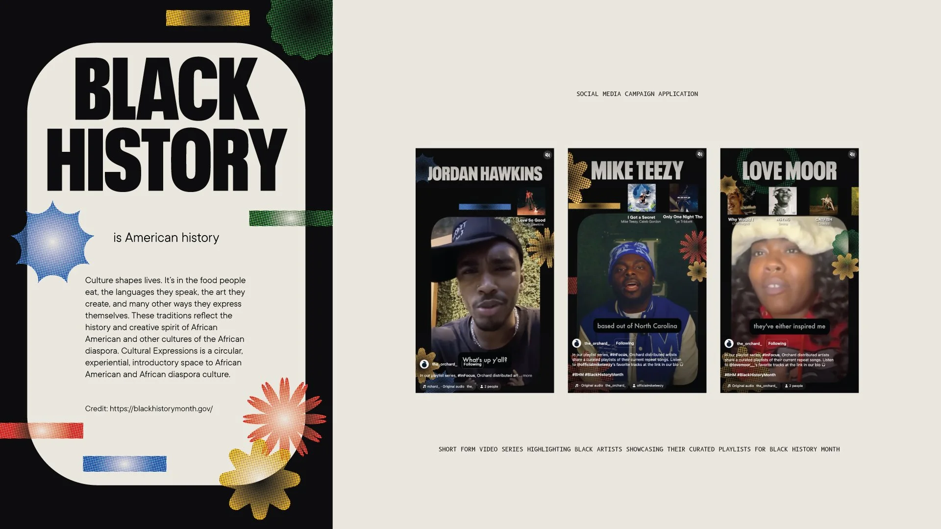 The final social media application of the rebrand, followed by screenshots highlighting InFocus 2025 three part series featuring black artists talking about their favorite music and curated playlist.