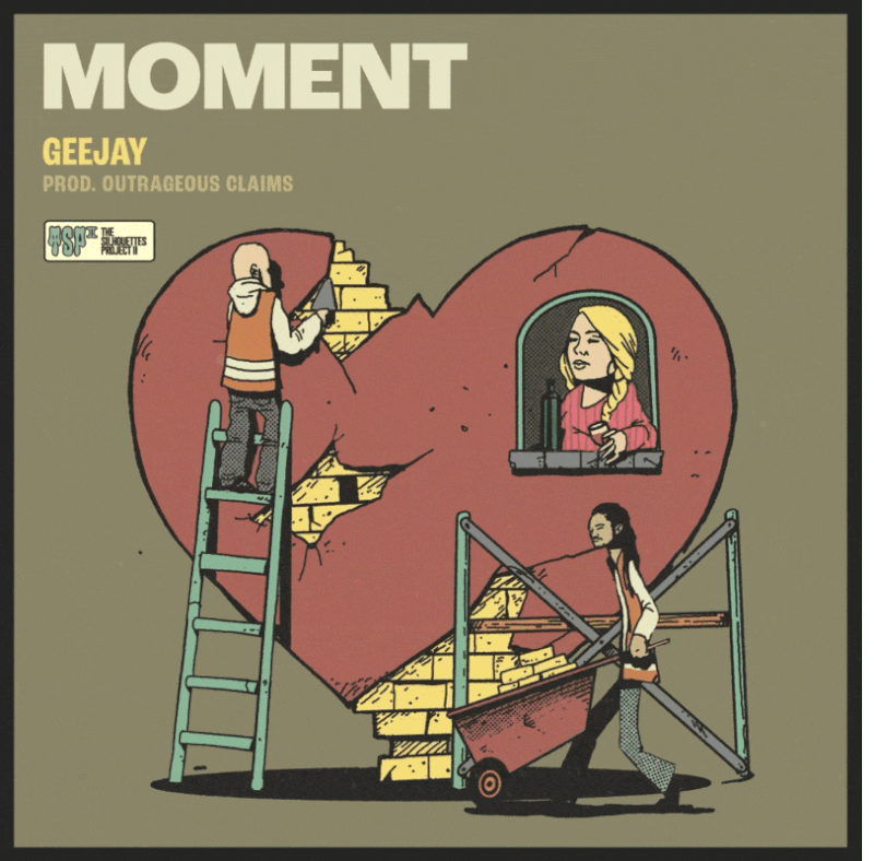 An animated art being mended by construction workers. A woman is drinking wine inside of the heart.