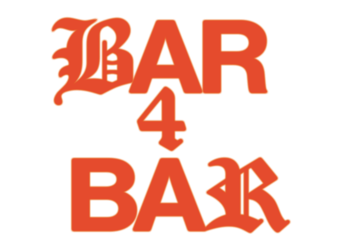 Bar4Bar logo lockup in a classical hourglass style lock-up with Bar on one line, then 4 centered underneath, followed by Bar centered beneath the 4.