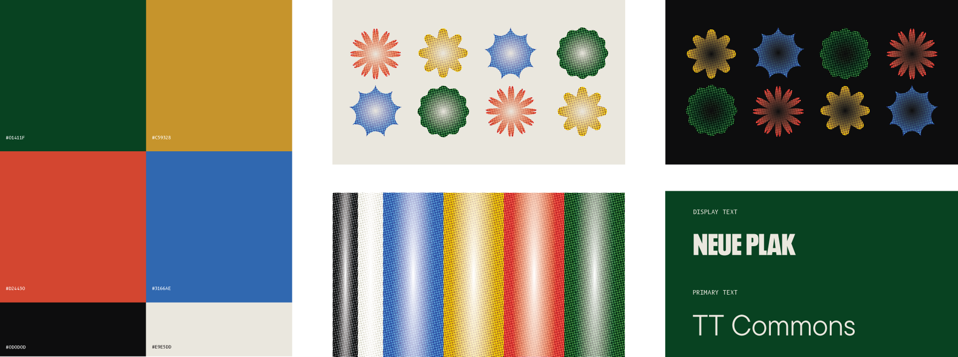 Color palette, preferred texture usage, symbols in both light and dark settings & the fonts used for headers and paragraphs.