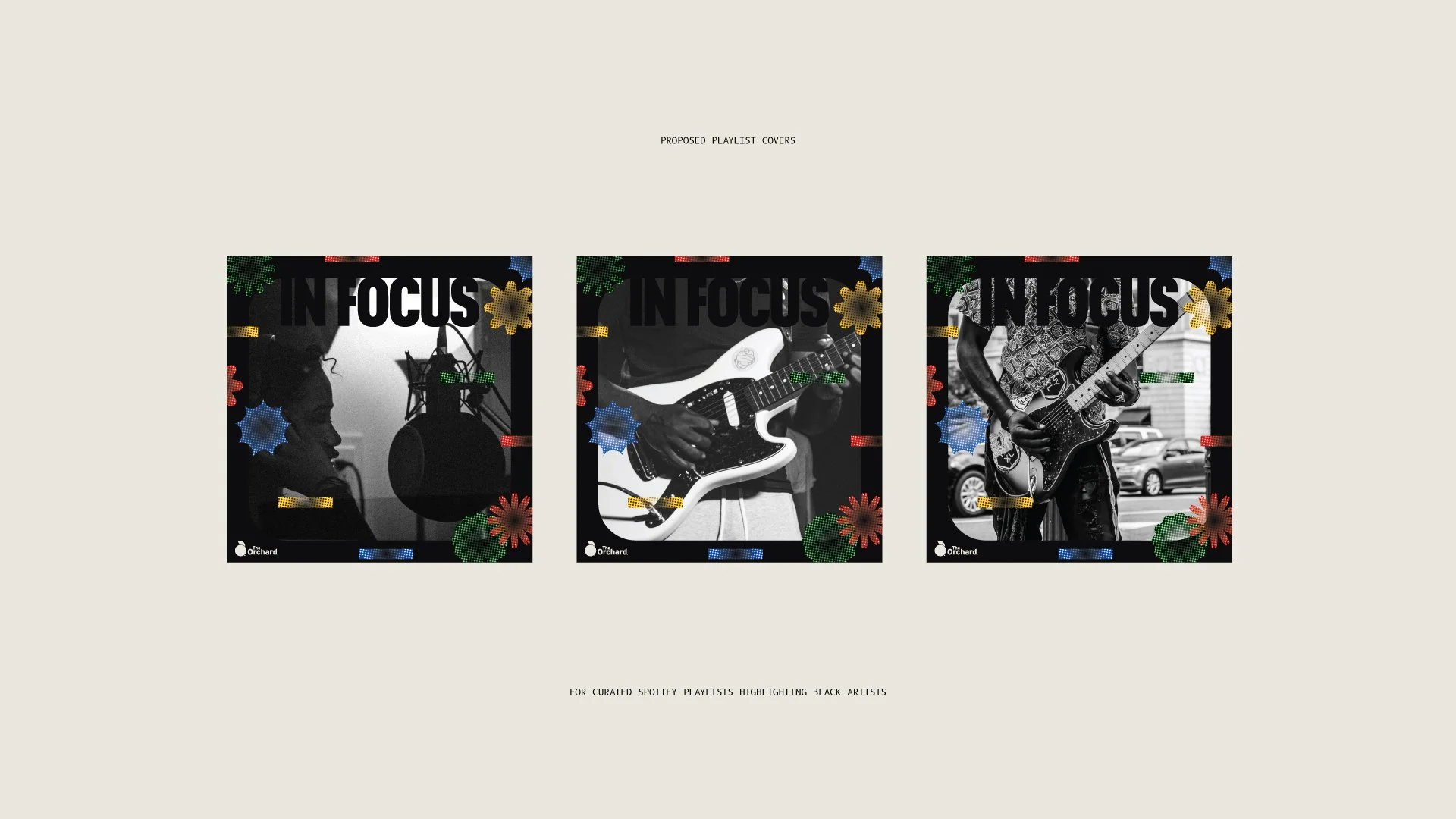 Proposed playlist cover designs for curated Spotify playlists.