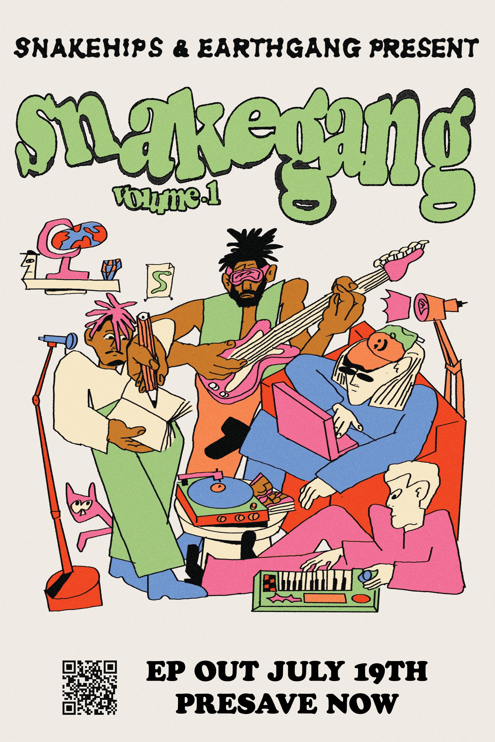 A poster featuring SNAKEGANG's cover art and the QR code leading the view to pre-save the EP.
