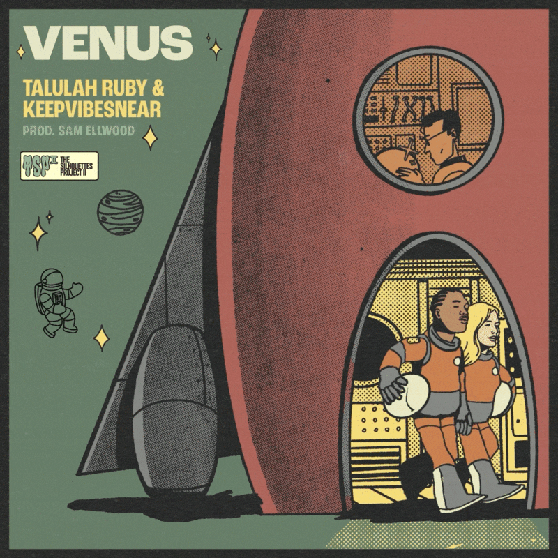 A spaceship with a man inside viewing a navigational sphere. There is a pair of astronauts strolling in front of the spaceship.