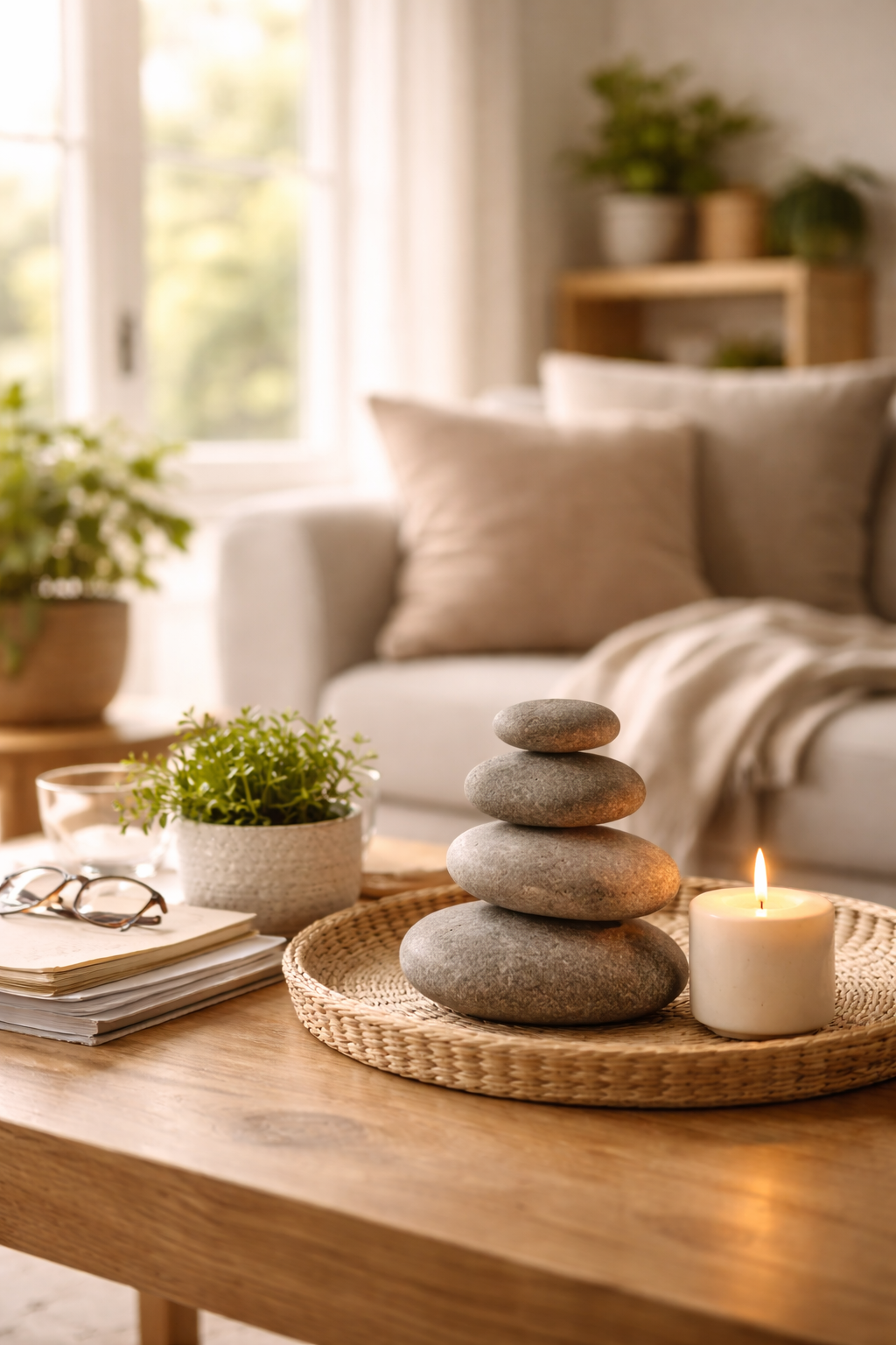 Een houten salontafel met een stapel smalle, gladde, grijze stenen en een brandende witte kaars op een ronde, gevlochten dienblad. Ernaast liggen een paar leesbrillen en een stapel papieren. Op de achtergrond een bank met beige en grijze kussens in een woonkamer met veel natuurlijk licht door een raam.