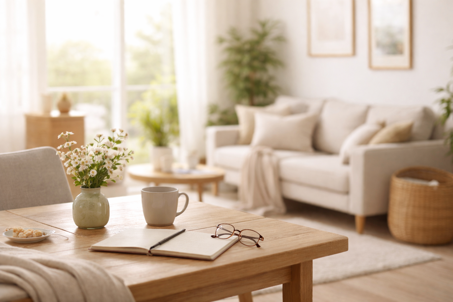 Een gezellige woonkamer met een houten tafel, een open boek, een kopje thee, een paar leesbrillen en een vaas met witte Aster bloemen. Op de achtergrond een witte bank met beige kussens, grote ramen met lichte vitrage, planten en wanddecoraties.
