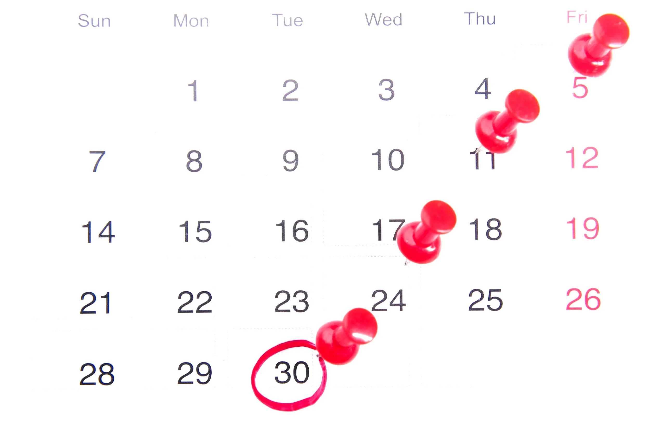 A calendar with red push pins marking the 30th, 17th, 11th, and 5th, with the 30th circled in red.