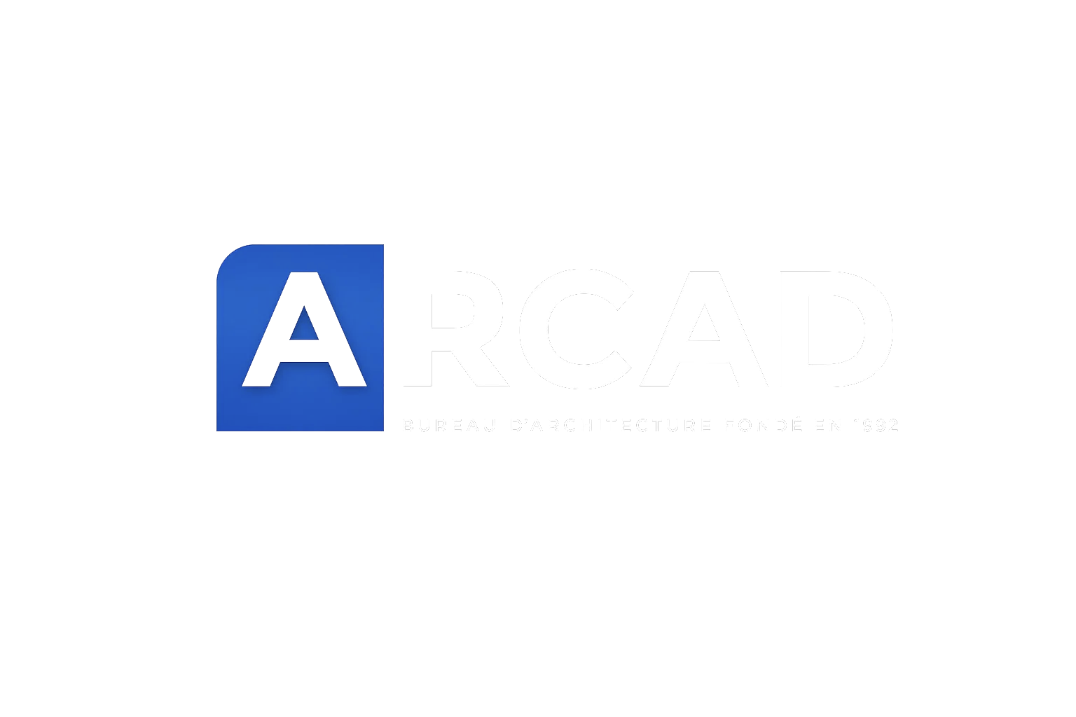 Logo du Bureau d'Architecture ARCAD avec un fond bleu, le texte 'ARCAD' en blanc et noir, et en dessous en petit 'Bureau d'Architecture'