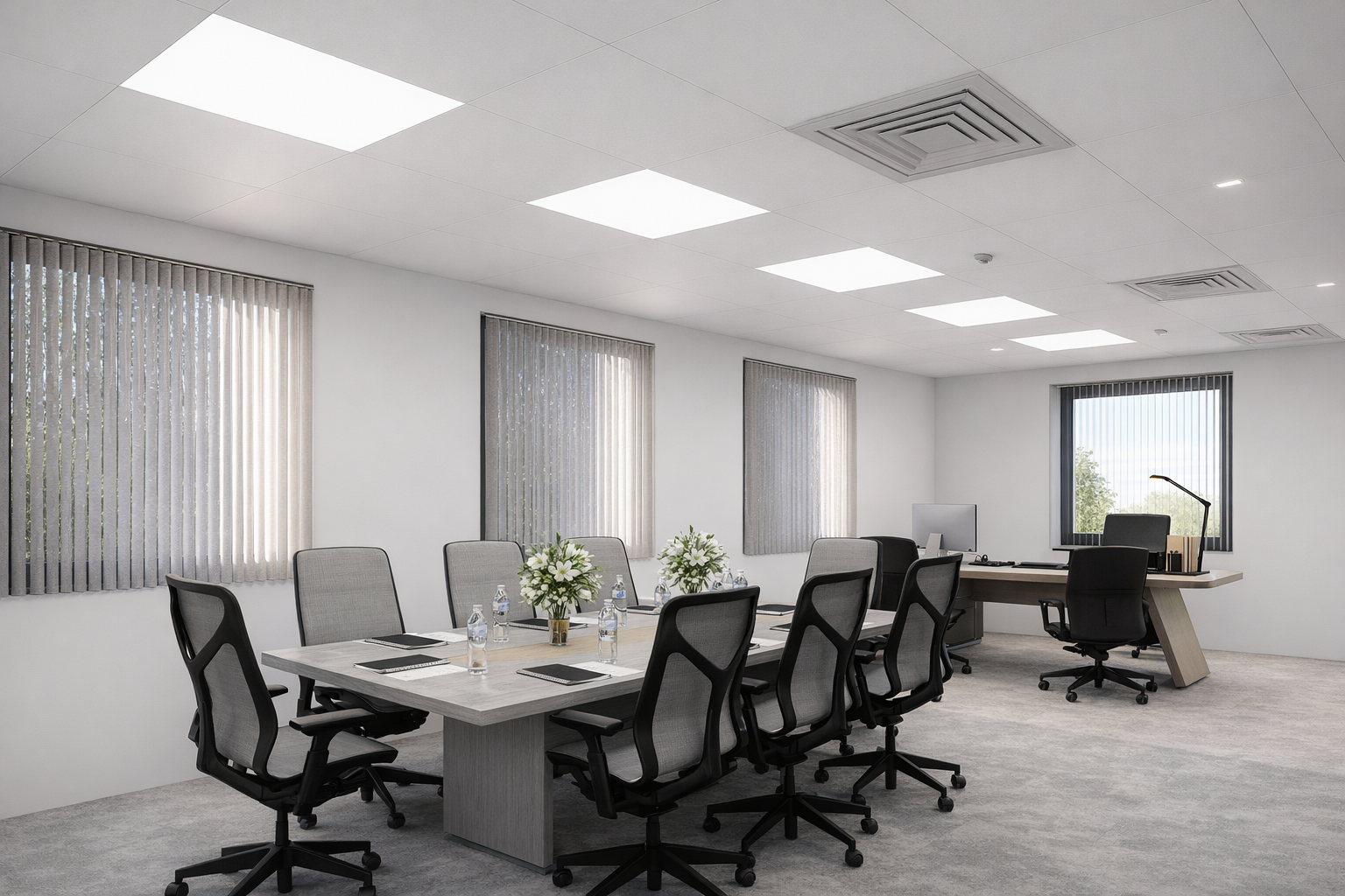 Salle de réunion moderne avec une table rectangulaire entourée de neuf fauteuils à roulettes, décorée de deux bouquets de fleurs, dans une pièce lumineuse avec plusieurs fenêtres à stores verticaux. Un bureau avec un ordinateur, une lampe et une chaise est visible à l'arrière.