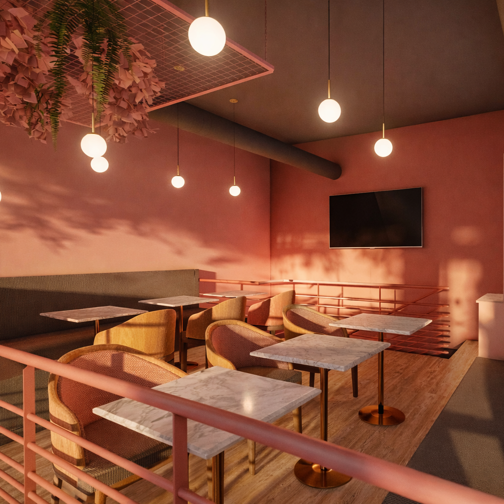 Intérieur d'un café ou restaurant avec des tables en marbre, des chaises en bois et tissu, un mur rose, un téléviseur noir, des suspensions lumineuses et des plantes suspendues.