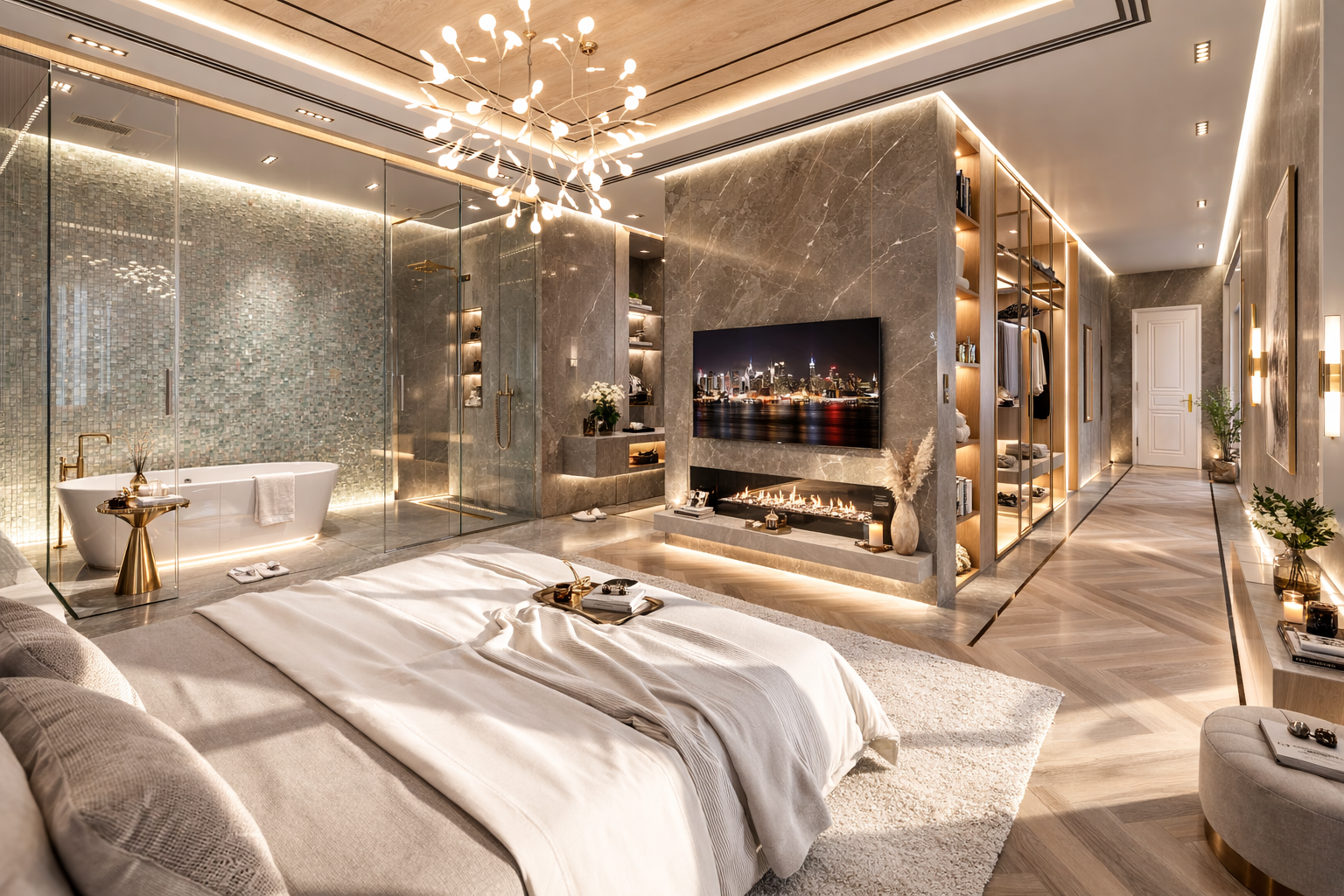 Chambre moderne avec un lit blanc, un mur en pierre, un téléviseur à écran plat, un foyer au gaz et une salle de bain attenante avec baignoire, le tout dans un design élégant.