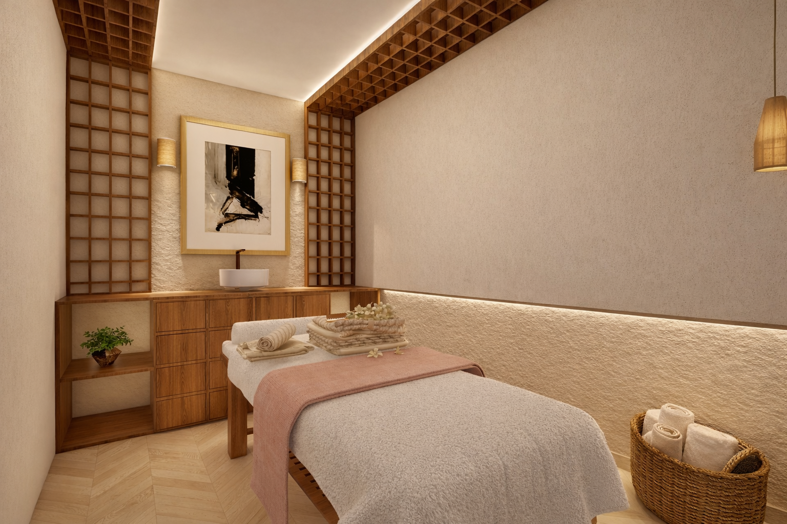 Salle de massage avec lit, serviettes, panier à rouleaux, décoration en bois et œuvre d'art moderne