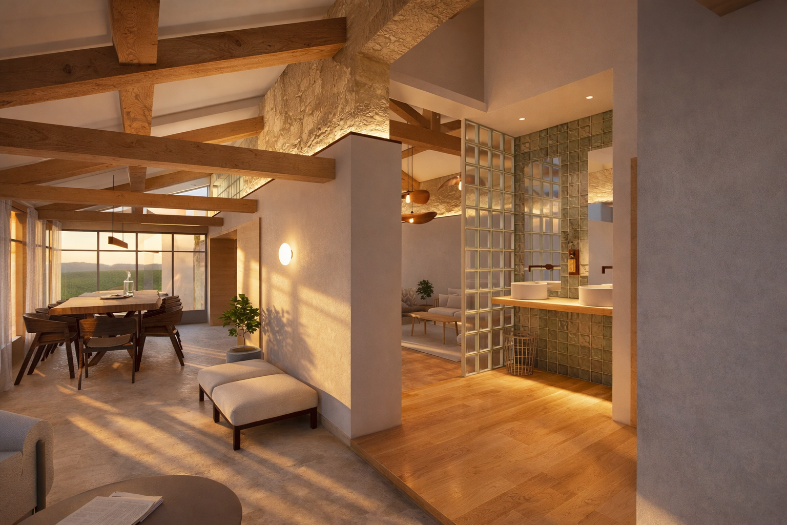 Salon intérieur avec poutres en bois, pièce séparée avec lavabos, espace lumineux avec fenêtres et mobilier moderne