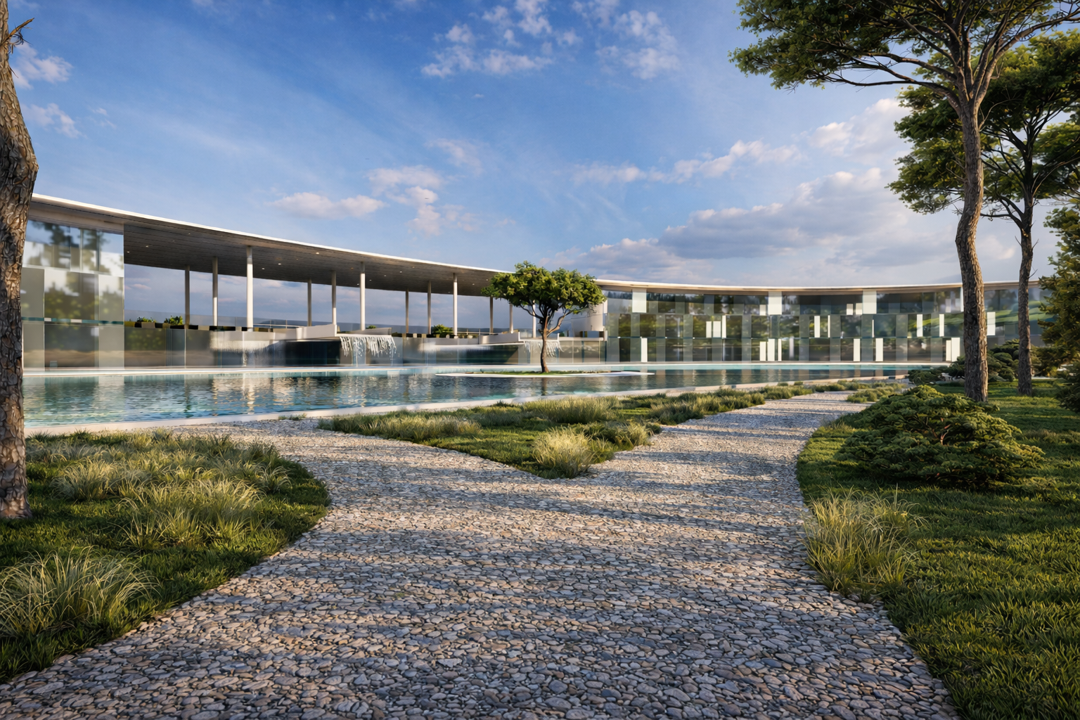 Une architecture moderne avec une piscine, des arbres et un chemin pavé sous un ciel bleu avec quelques nuages.