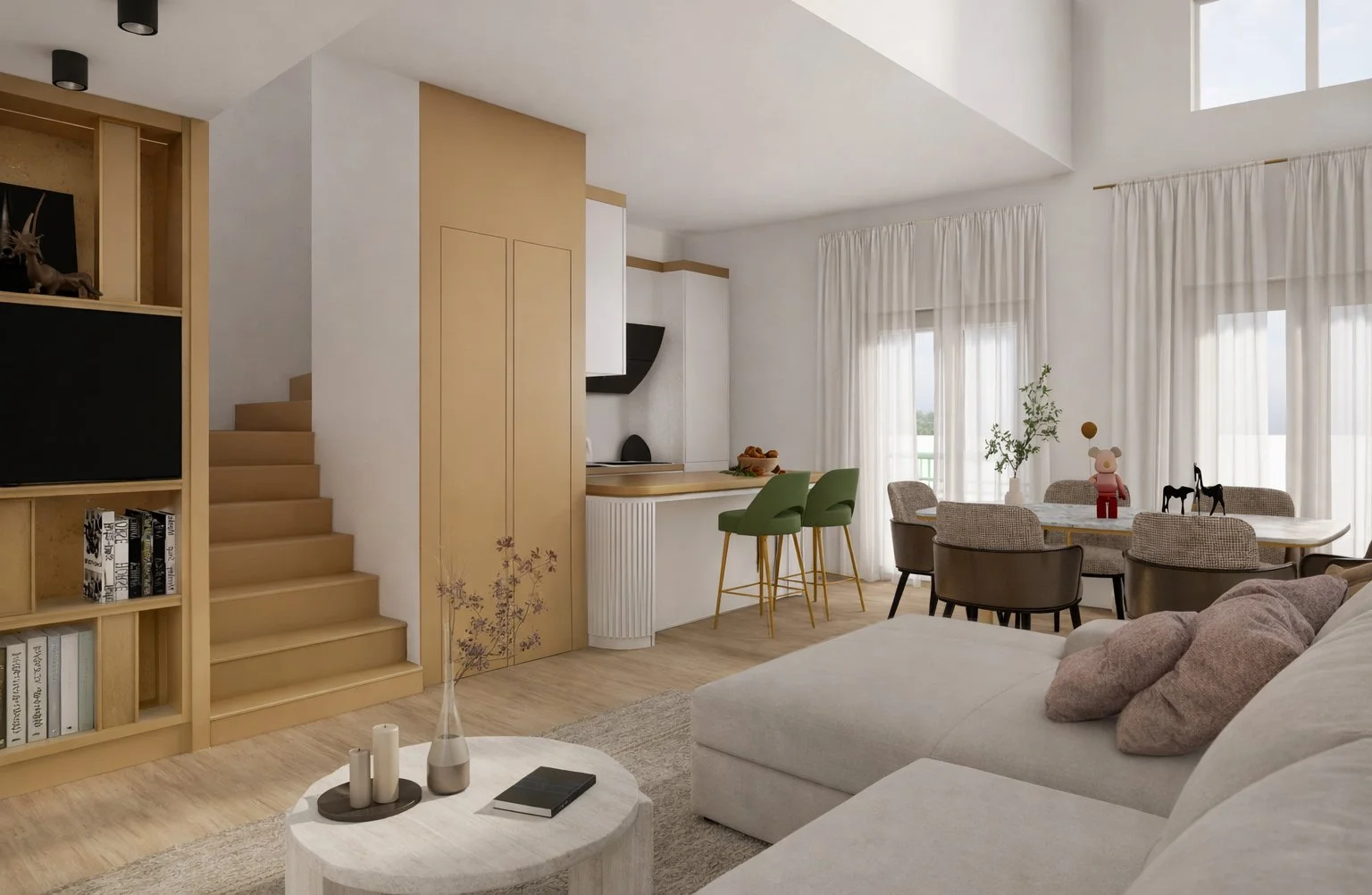 Salon intérieur avec canapé beige, livres, bougies, vase avec branches, espace repas avec table et chaises, cuisine avec comptoir et deux chaises vertes, grandes fenêtres avec rideaux blancs, décoration moderne et lumineuse.