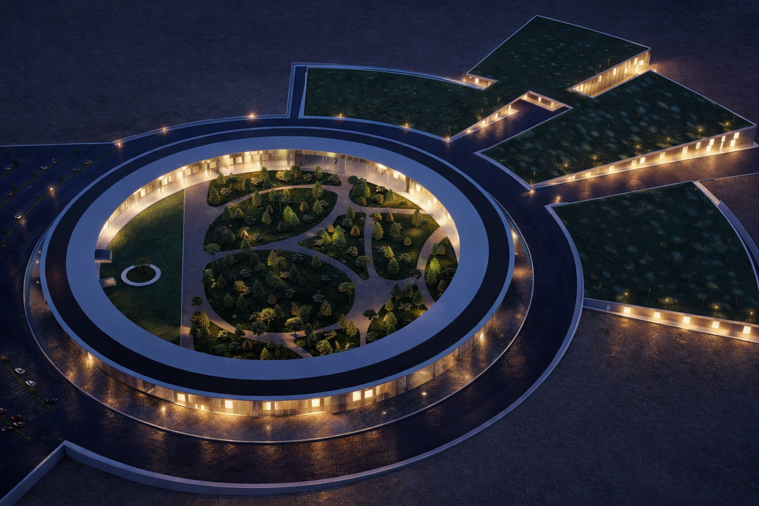 Vue aérienne d'un bâtiment moderne avec un design circulaire et un jardin intérieur éclairé la nuit, entouré d'autres structures et d'une surface pavée.