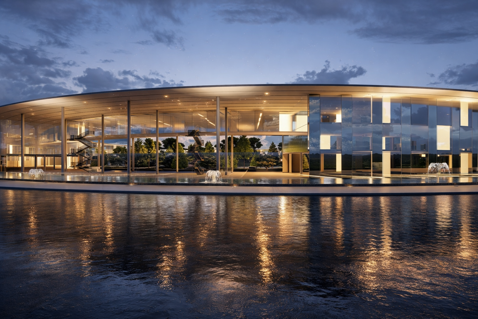 Un bâtiment moderne en verre avec des lumières intérieures, situé au bord d'une étendue d'eau reflétant la structure