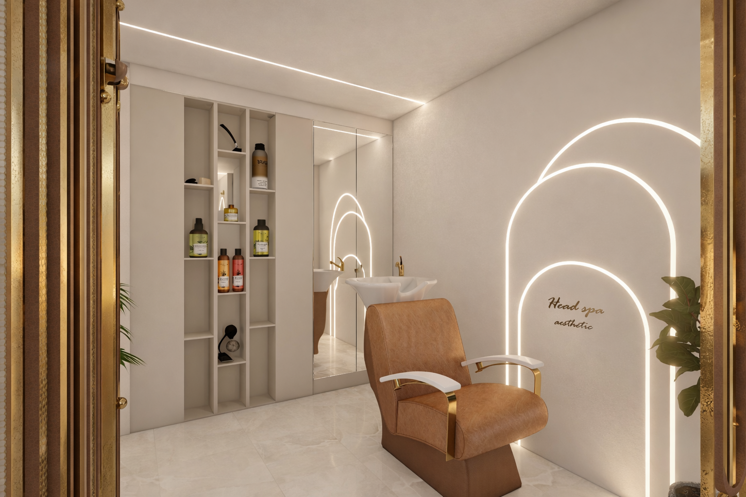 Salon de spa avec fauteuil en cuir beige, murs blancs, éclairage moderne en néon blanc avec arches, étagère avec bouteilles de produits de soin, lavabo en miroir reflected, décoration élégante et végétale.