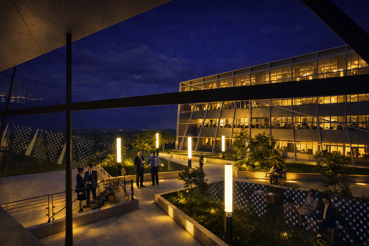 Vue nocturne d'un bâtiment moderne avec des personnes socialisant dans un espace extérieur éclairé