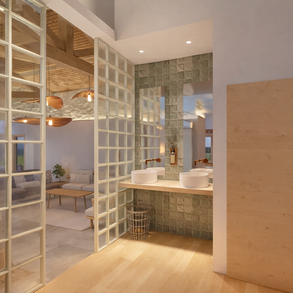 Salle de bain moderne avec deux lavabos ronds en porcelaine, grande miroir, mur en carreaux verts, cabine de douche en verre, et décoration minimaliste.