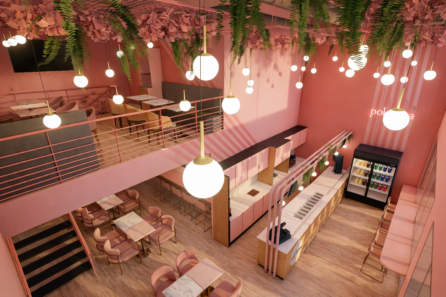Cafétéria intérieure au design moderne, avec murs peints en rose, éclairage suspendu en formes de globes blancs, plantes vertes suspendues, comptoir de service, réfrigérateur avec boissons, et plusieurs tables et chaises roses et beiges.