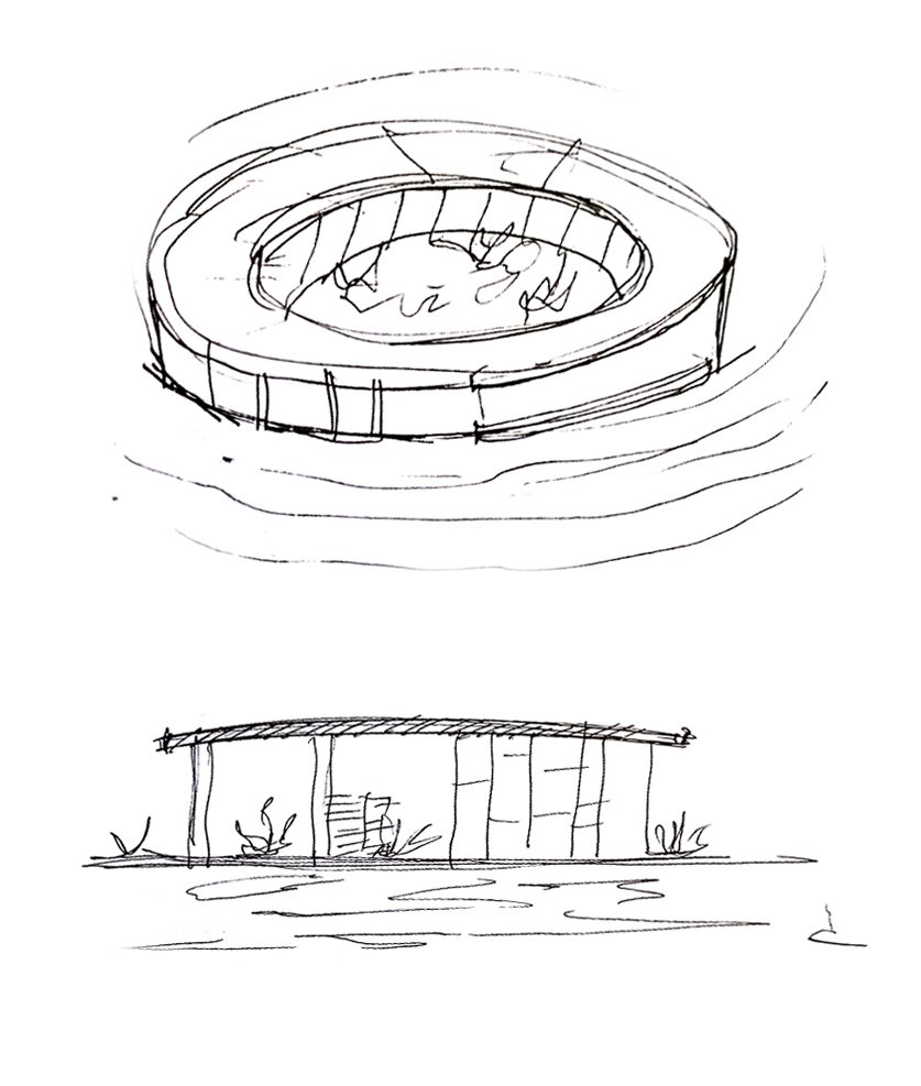 Croquis d'une structure circulaire flottante vue de dessus et d'une structure rectangulaire vue de côté.
