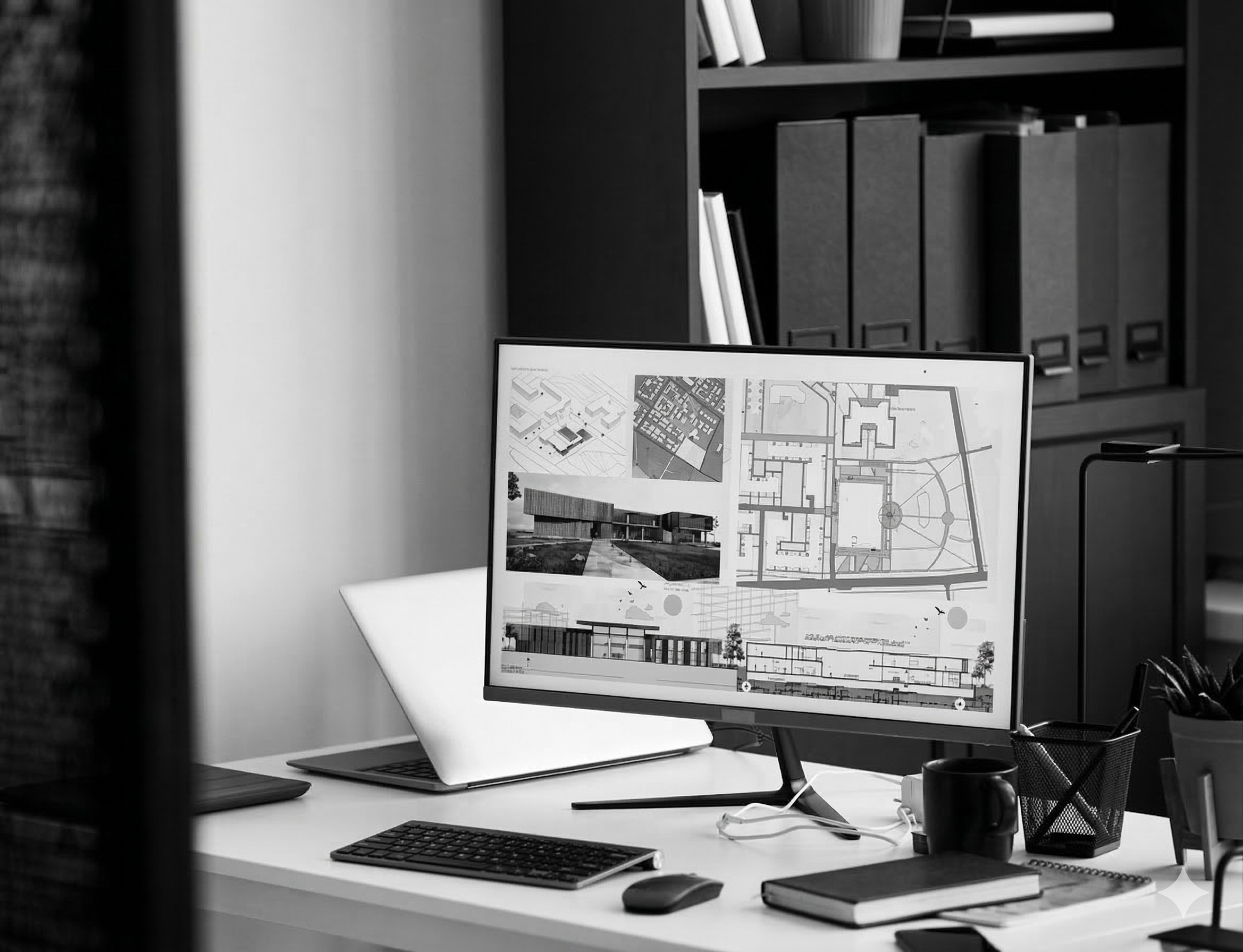 Un bureau avec un ordinateur affichant des plans architecturaux, une tasse, un carnet et d'autres fournitures.