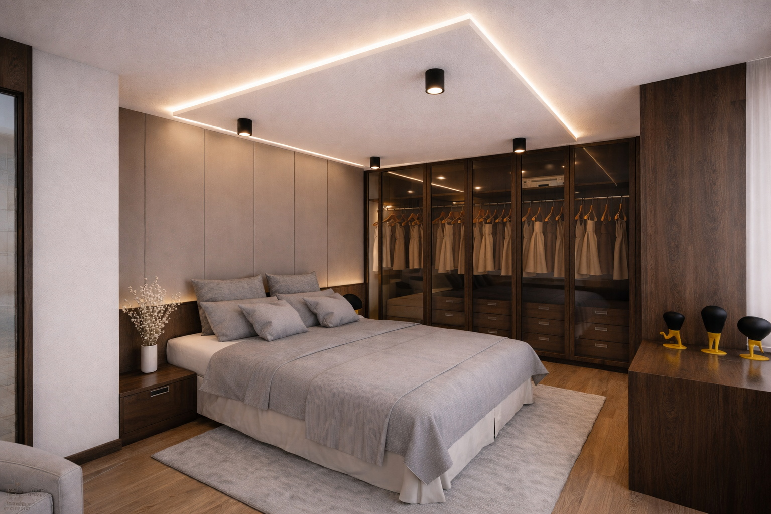 Chambre moderne avec lit en gris, placard en bois avec portes vitrées contenant des robes beiges, décoration minimaliste et éclairage encastré au plafond.