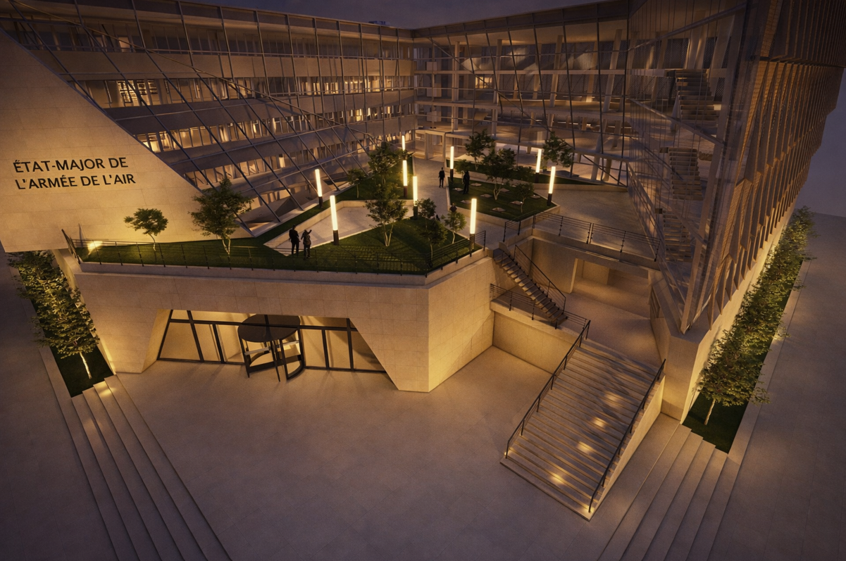 Modèle architectural d'un bâtiment moderne avec terrasse, escaliers, arbres et éclairage nocturne