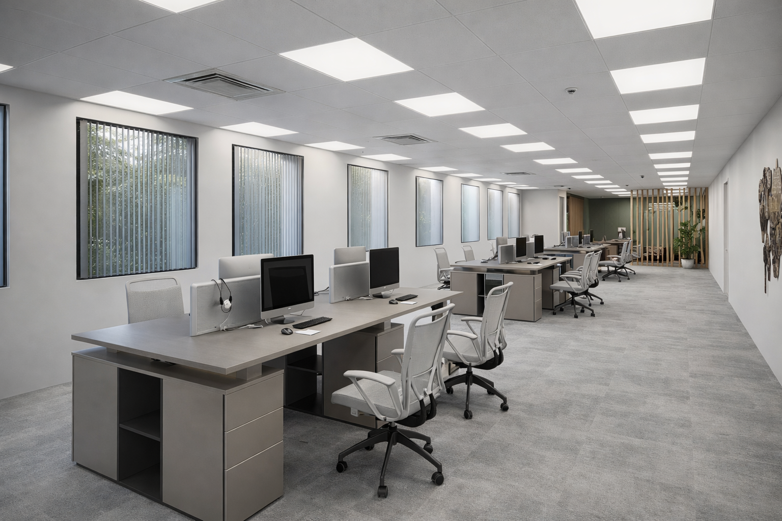 Salle de bureau moderne avec des bureaux, des ordinateurs, des chaises d office, et une décoration minimaliste.