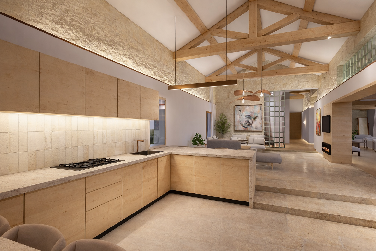 Une cuisine ouverte avec comptoir en pierre et meubles en bois clair, salon avec canapé gris, arbre d'intérieur et peinture abstraite sur le mur, plafond en bois avec poutres apparentes, escalier en pierre avec éclairage indirect