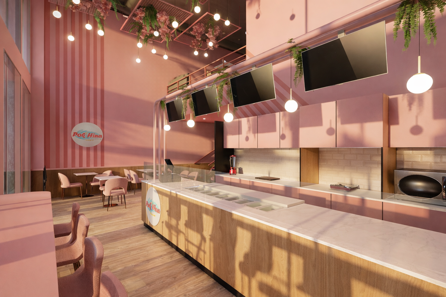 Intérieur d'un restaurant avec un décor rose, tables et chaises roses, un comptoir en bois avec un plan de travail en marbre blanc, plusieurs écrans TV suspendus, éclairage suspendu avec des globes lumineux, et des plantes suspendues.