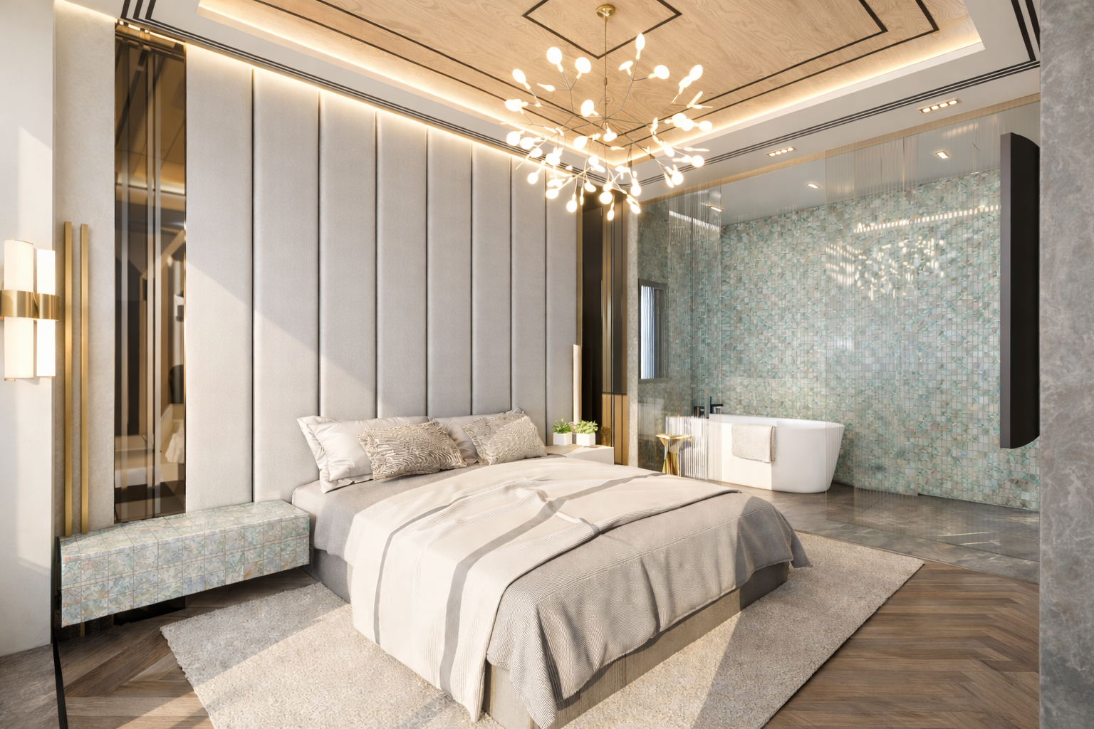 Chambre moderne avec lit king-size, tête de lit en rembourrage gris, lampes de lecture latérales, plafond avec éclairage intégré, espace bain avec baignoire dans un mur de mosaïque