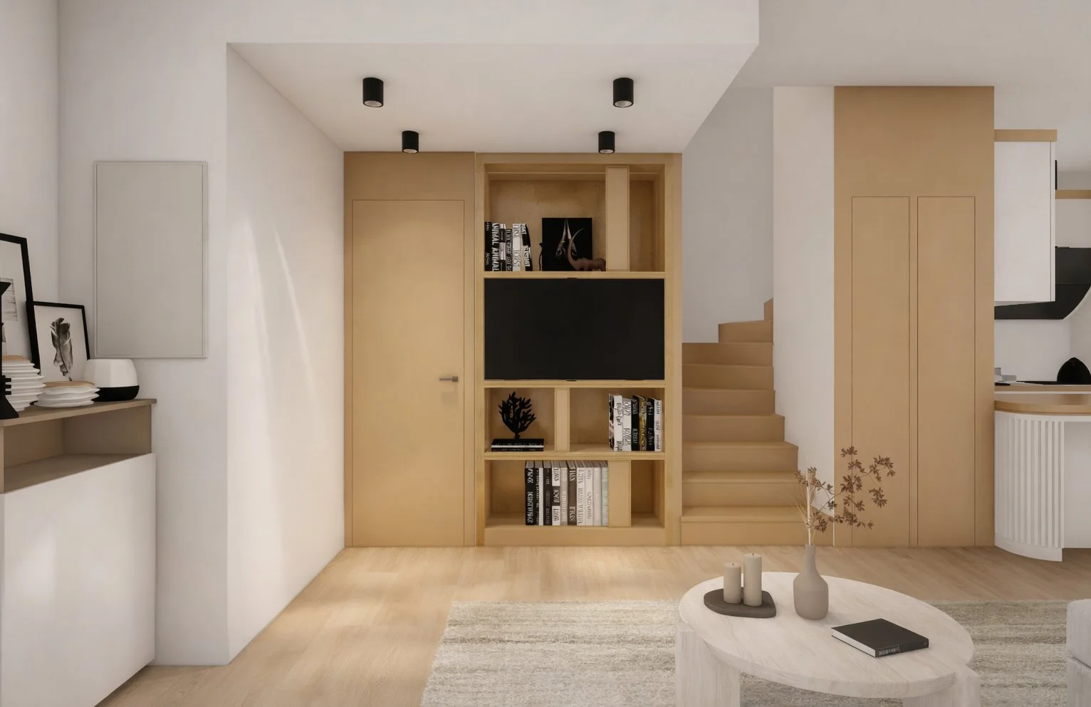 Intérieur moderne d'un salon avec bibliothèque en bois clair, escalier en bois, et décor minimaliste, notamment un vase avec des branches et des bougies sur une table