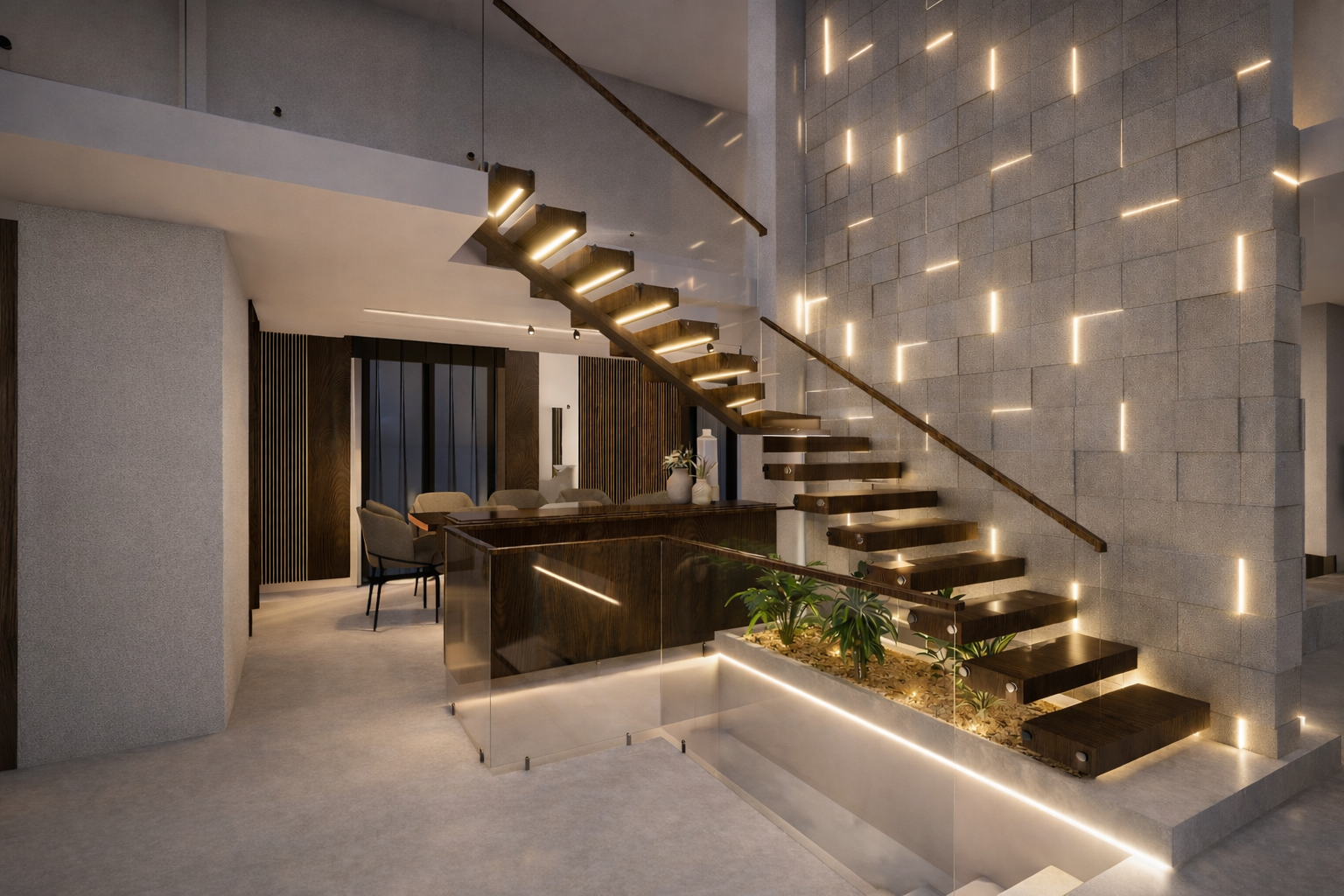 Intérieur moderne avec escalier en bois et éclairage intégré, mur en pierre avec lumière décorative, espace avec un coin salon et des plantes