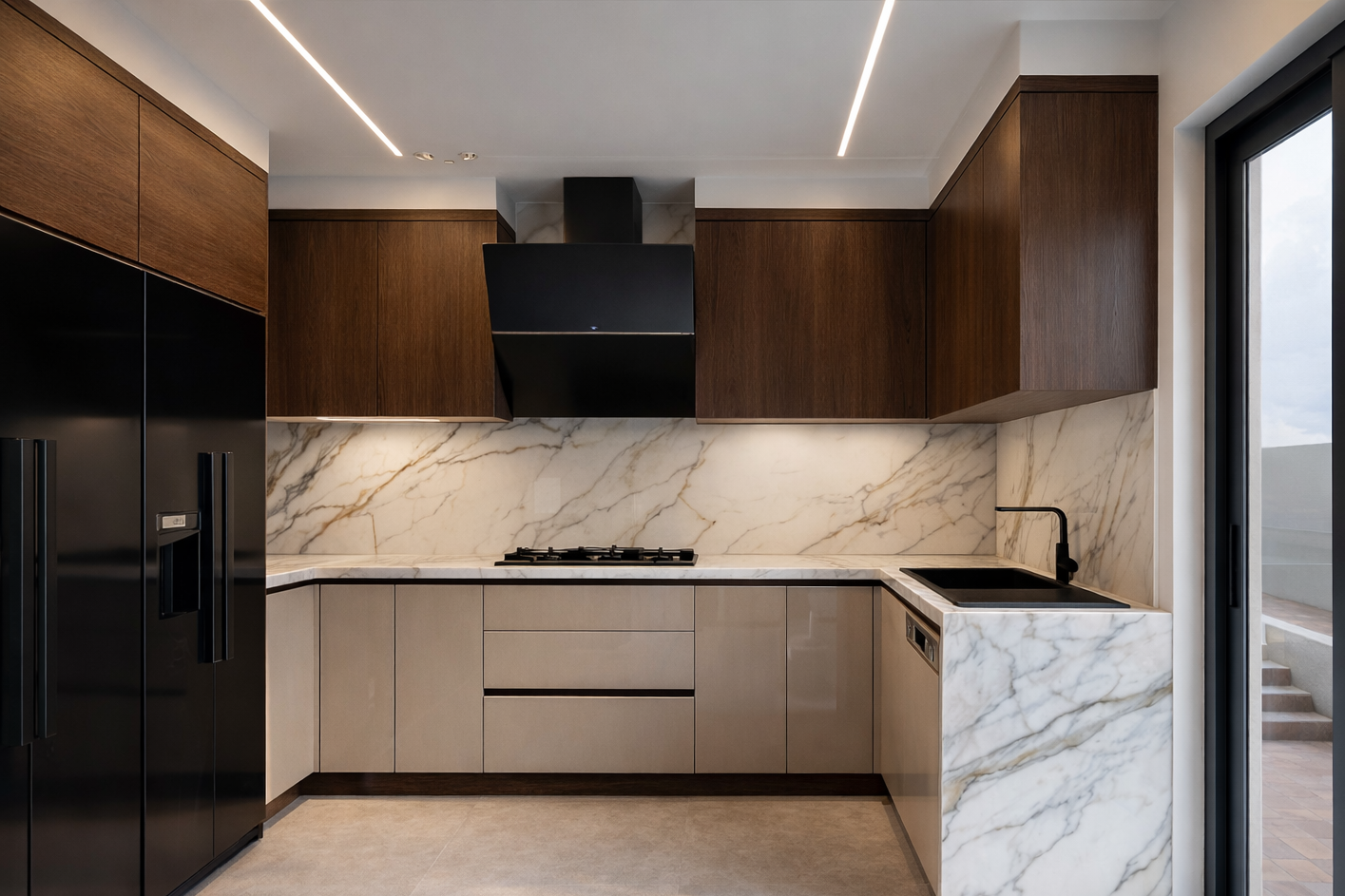 Cuisine moderne avec murs en marbre blanc, armoires en bois foncé, réfrigérateur noir, évier avec robinet noir et plan de travail en marbre, grande fenêtre avec vue sur un escalier extérieur