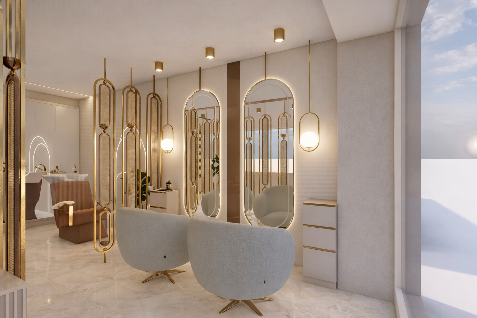 Salon de beauté moderne avec miroirs ovales encadrés de lumières, fauteuils en tissu beige, et un espace lumineux avec des détails dorés.