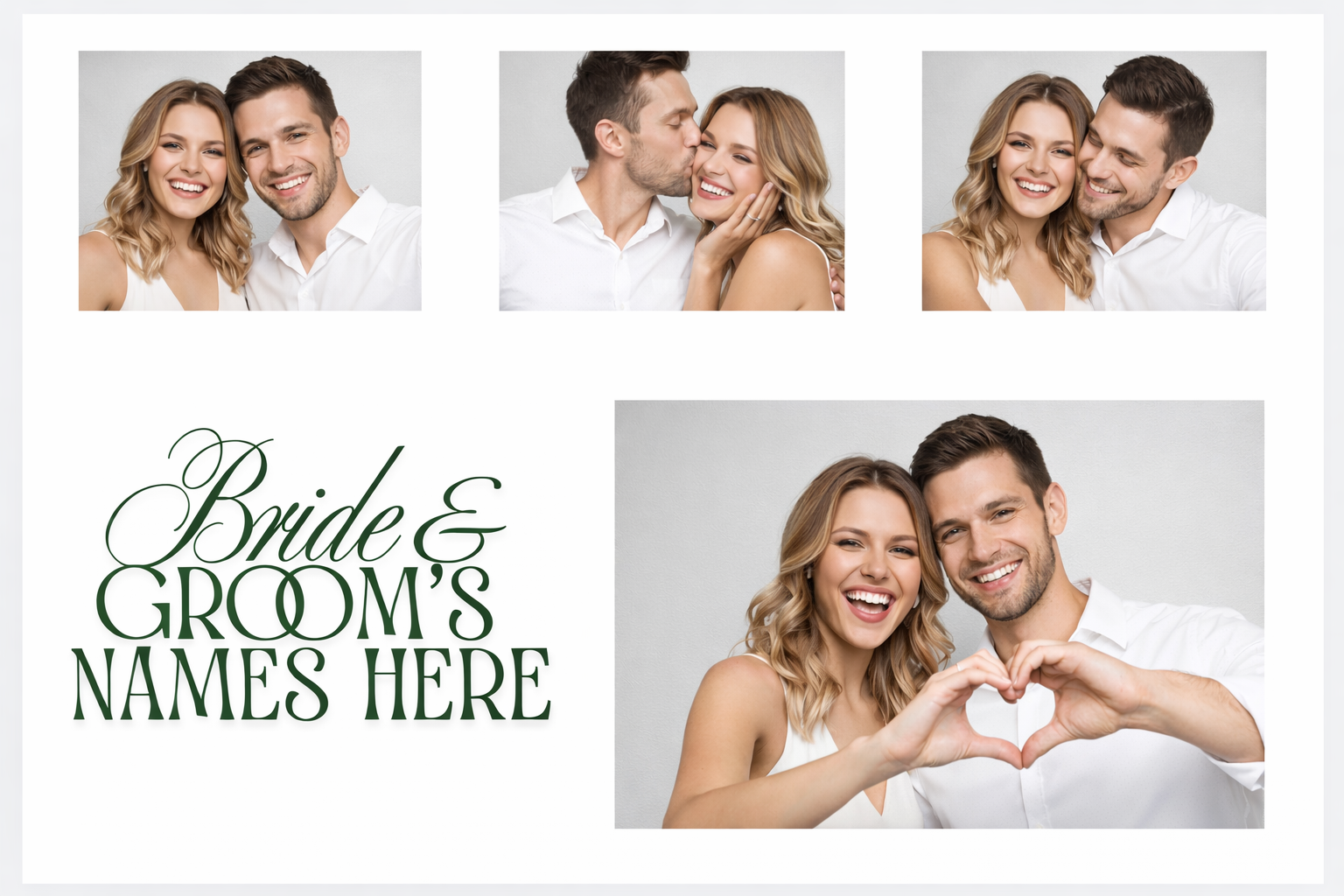 A collage of four photos of a smiling bride and groom posing together. The first photo shows them taking a selfie, the second features them kissing, the third captures them smiling close together, and the fourth shows them making a heart shape with their hands. The collage includes text that reads 'Bride & Groom's Names Here' in elegant script and bold font.