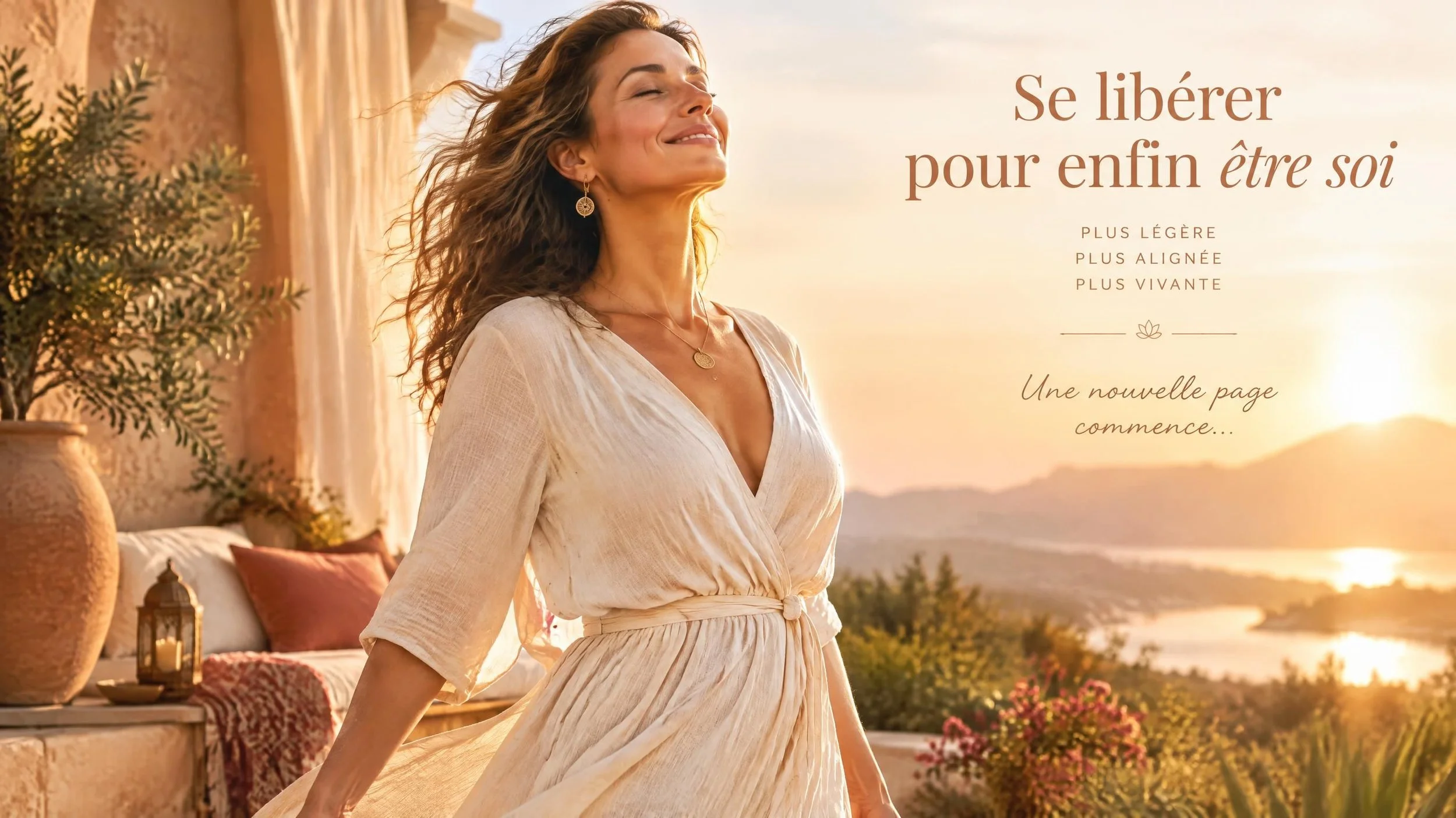 Femme sereine et libérée qui se retrouve - Presentia Coaching Sandy Resse