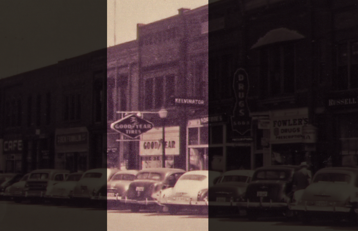 Historical goodyear building on Main Street block of the square