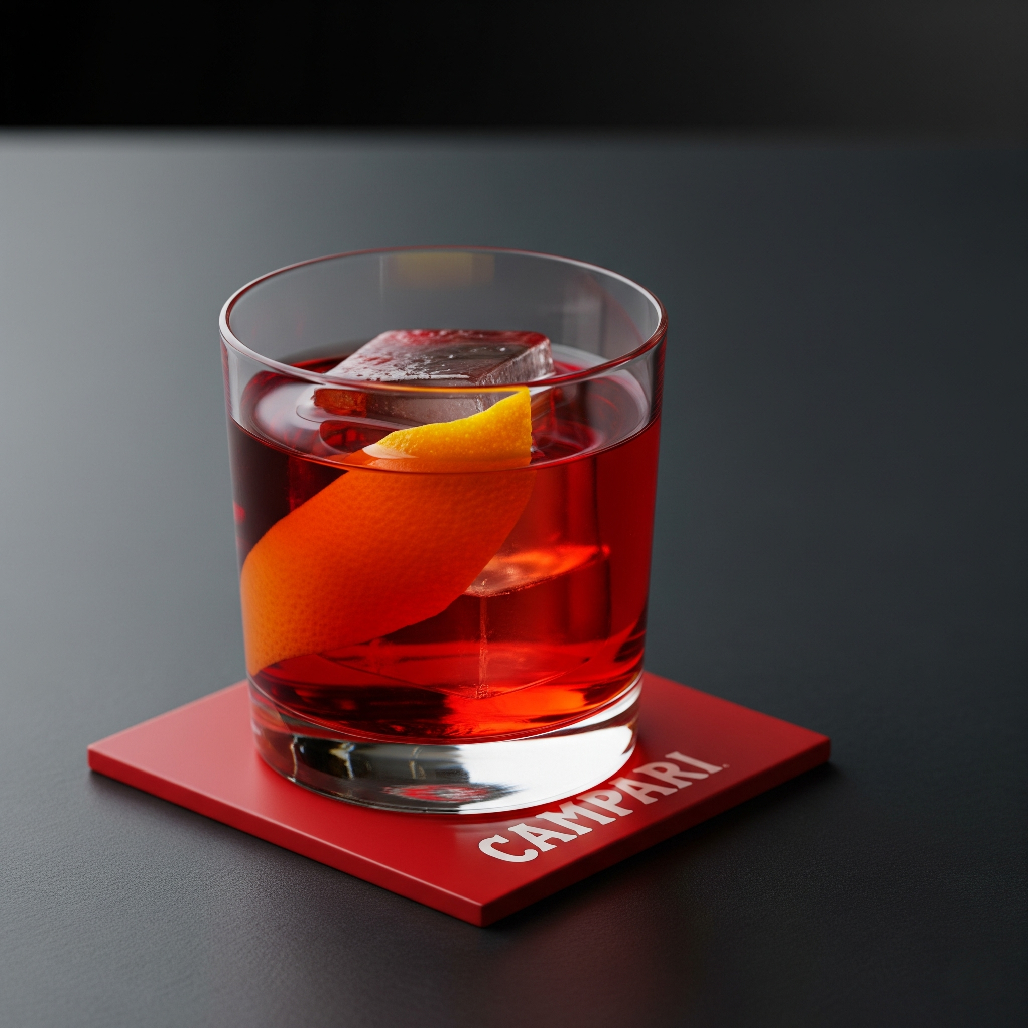 Bicchiere di cocktail rosso con una fetta di limone e ghiaccio, su un sottobicchiere rosso con la scritta 'CAMPARI', su una superficie scura.
