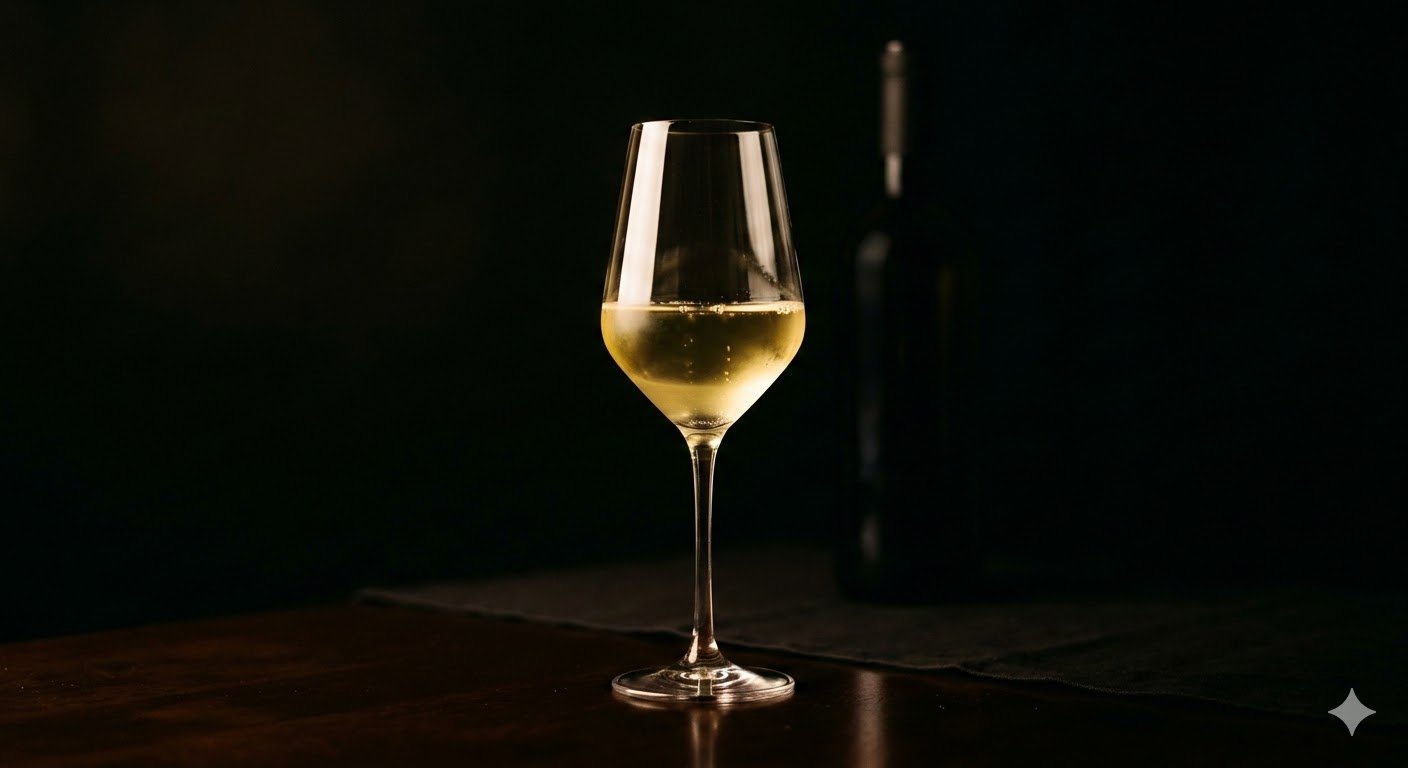 Un bicchiere di vino bianco su una superficie di legno, sfondo scuro.