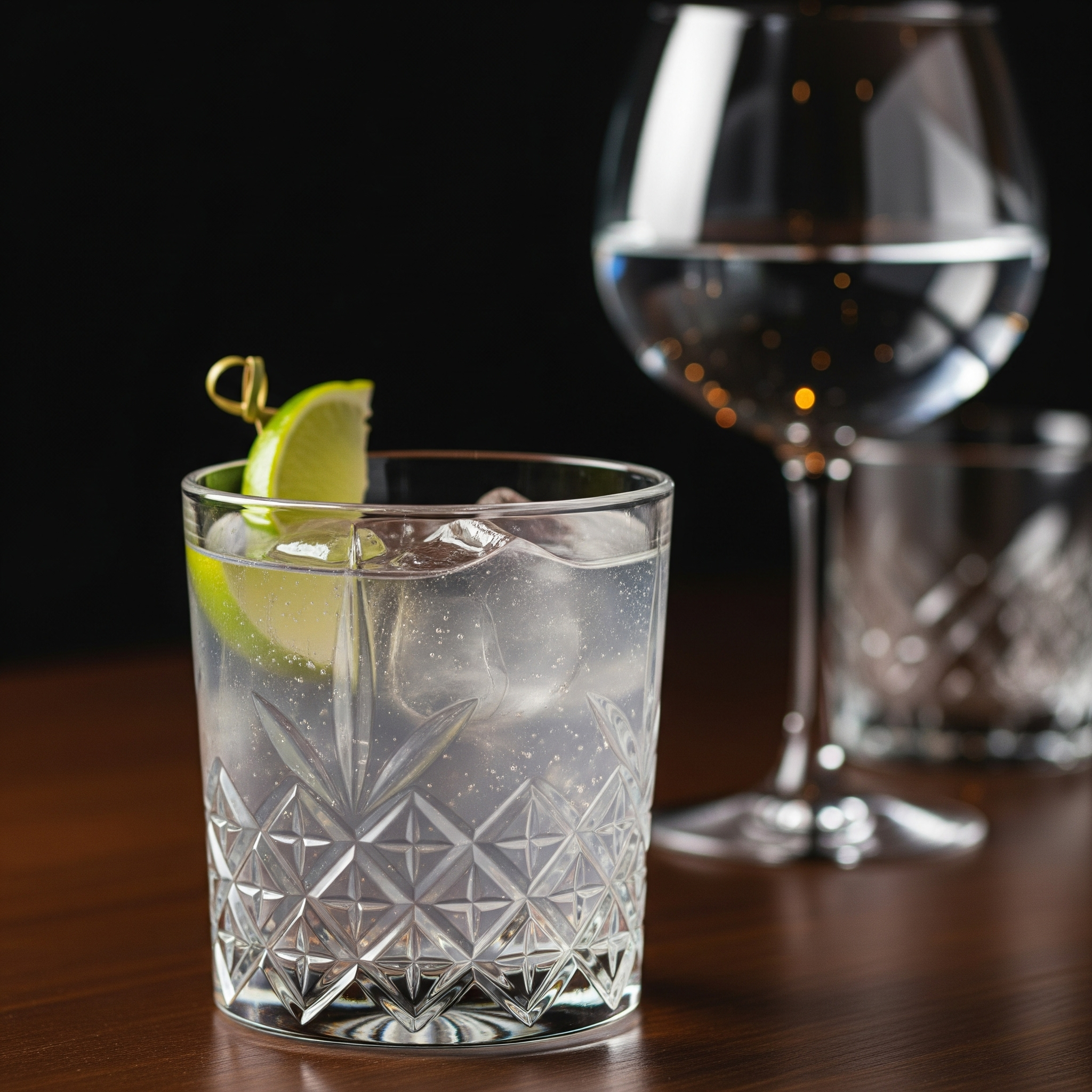 Un bicchiere di cocktail trasparente con ghiaccio e una fetta di lime, con un gambo decorativo, su un tavolo di legno, sfondo scuro.