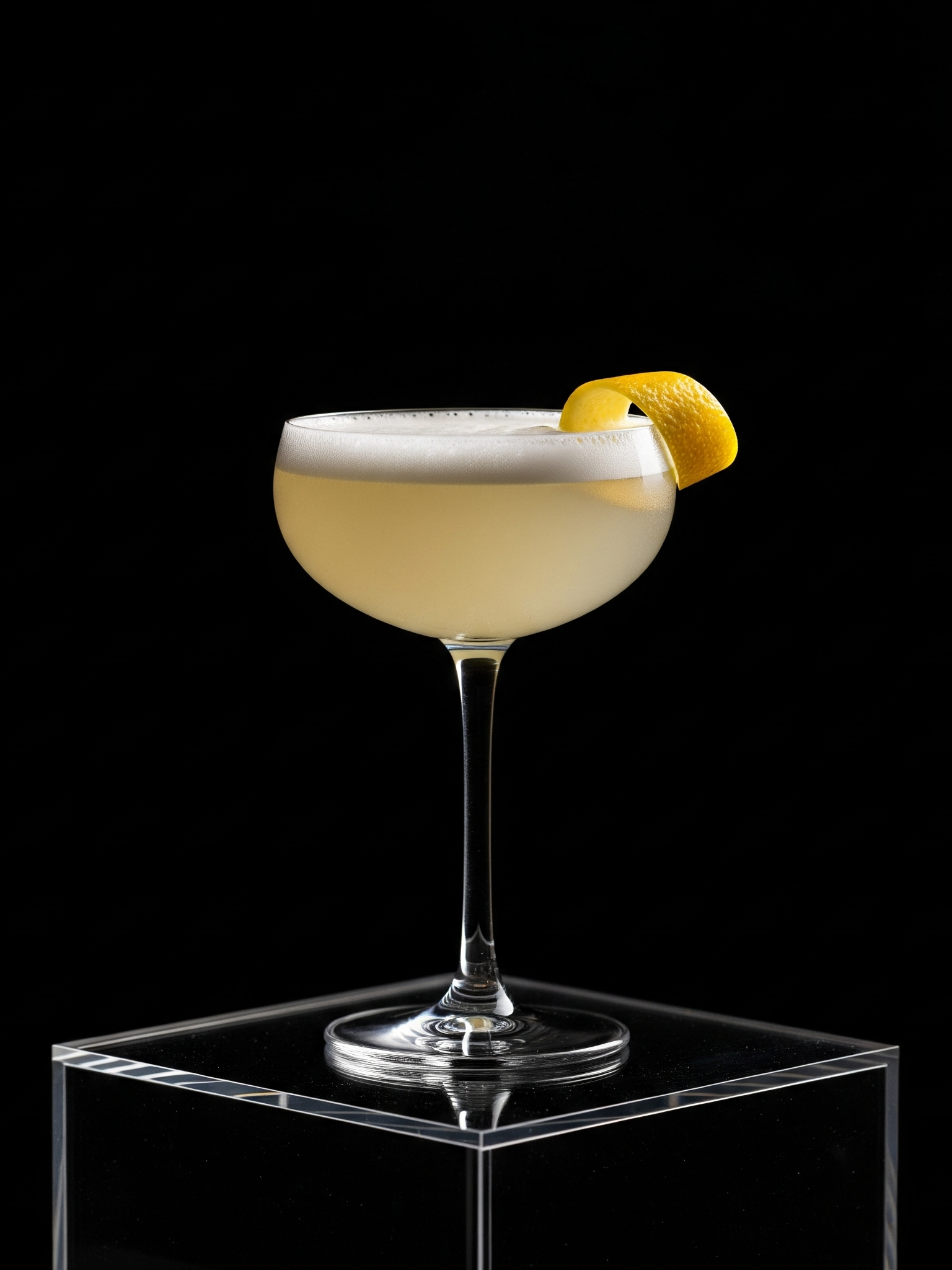 Cocktail chiaro con una scorza di limone sul bordo in un bicchiere da cocktail con stelo, posato su una base di vetro, sfondo nero.
