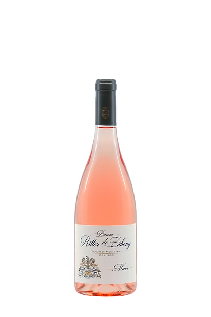 Bottiglia di vino rosato con etichetta bianca e scritte in italiano