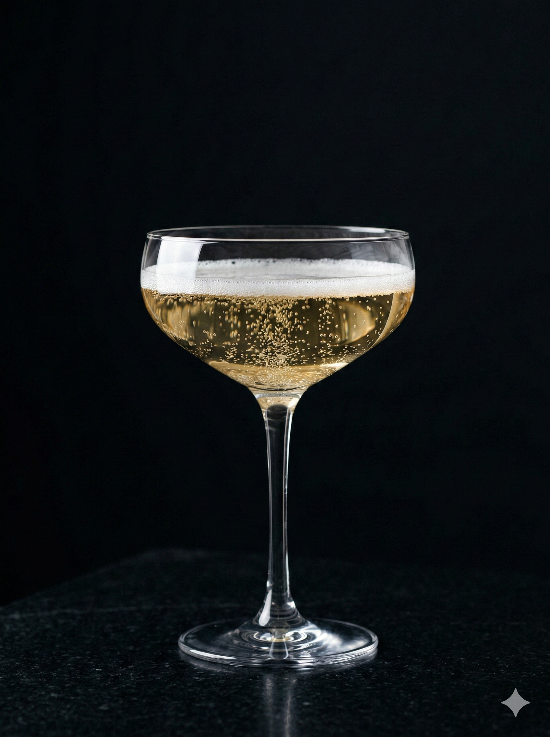 Calice di spumante o champagne con bollicine in un bicchiere di vetro sopra una superficie scura.